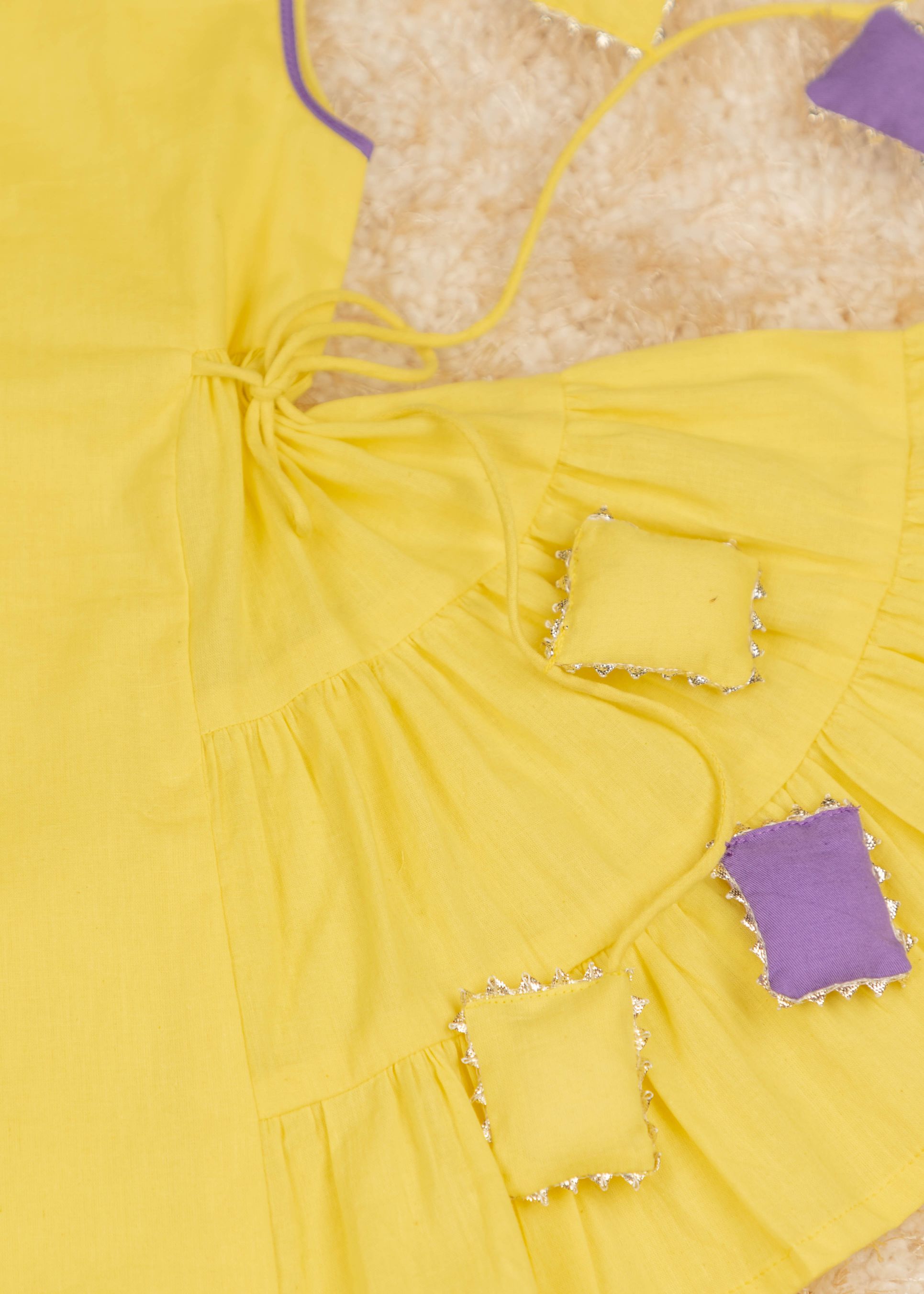 Yellow kurta-pyjama with purple embroidery and net dupatta LQ Milano